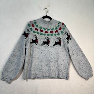 33 Degrees Holiday Reindeer & Heart Gray Speckled Knit Christmas Sweater Large